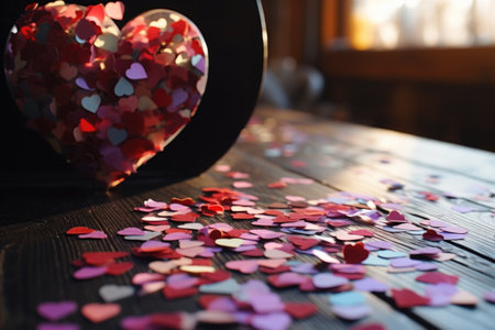 heart-shaped confetti scattered on a wooden table, created with generative aiの素材