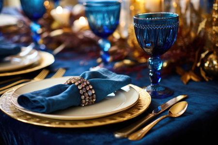 festive hanukkah table setting with handmade napkin rings, created with generative aiの素材