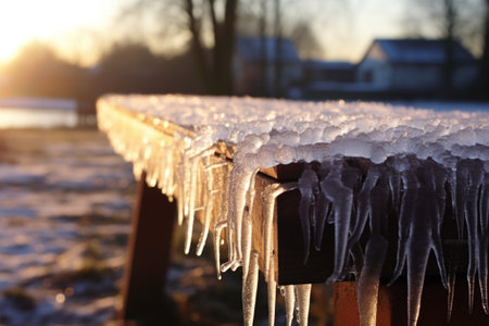 close-up of icicles on a frosty bench, created with generative aiの素材
