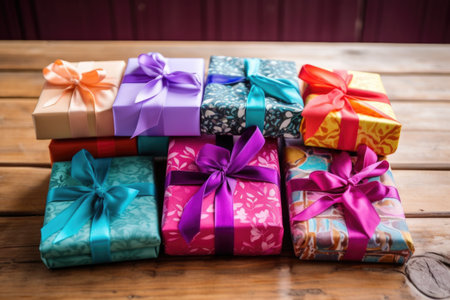 a variety of wrapped gifts in colourful paper on wooden surface, created with generative aiの素材