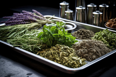 scattered medicinal herbs on a stainless steel tray, created with generative aiの素材