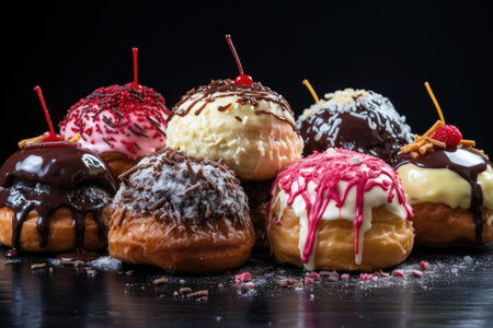 doughnut-like sufganiyots with various fillings, created with generative aiの素材