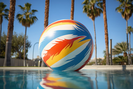 close-up of an inflated beach ball with palm trees in the background, created with generative aiの素材