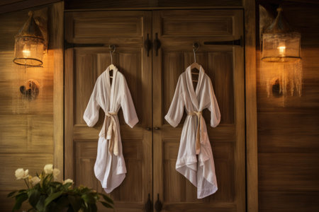 pair of honeymoon robes hanging on a bathroom door, created with generative aiの素材