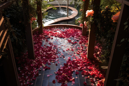 overhead shot of a rose petal path leading to a bathtub, created with generative aiの素材