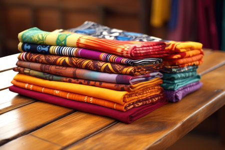 brightly colored african textiles folded neatly on wooden table, created with generative aiの素材