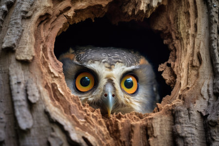 wide-eyed owl peeking out a tree cavity, created with generative aiの素材