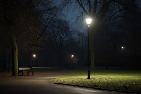 solitary lamp post in an unlit park, created with generative aiの素材