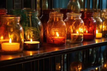 candles inside glass jars casting reflections, created with generative aiの素材