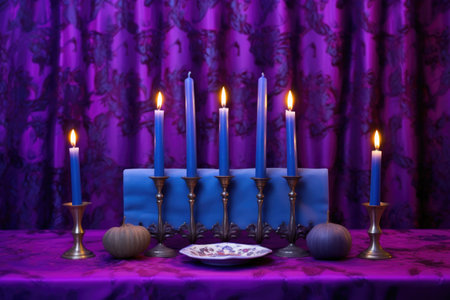 purple candles on menorah against blue fabric or paper, created with generative aiの素材