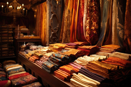 exquisite silk fabrics displayed at a cloth merchants stall, created with generative aiの素材