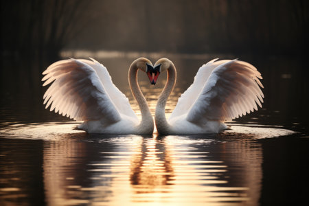 two swans forming a heart shape, created with generative aiの素材