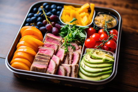 bento box styled lunch with portions of proteins and veggies, created with generative aiの素材