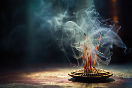 close-up of burning incense stick with smoke trail, created with generative aiの素材