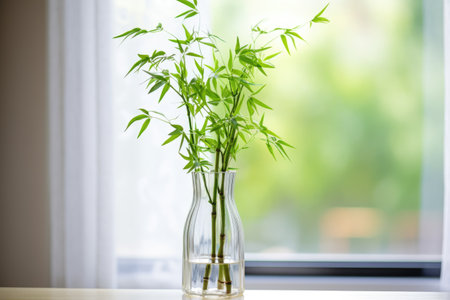 single stalk of bamboo in a glass vase on a window sill, created with generative aiの素材