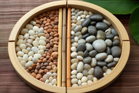 smooth pebbles arranged in a circle inside a bamboo tray, created with generative aiの素材