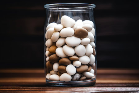 white pebbles stacked in a glass jar, created with generative aiの素材