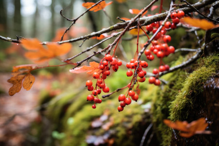 close-up of wild berries in a forest in autumn, created with generative aiの素材
