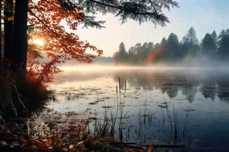 lake in the morning mist surrounded by fall foliage, created with generative aiの素材