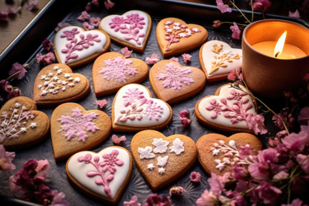 heart-shaped cookies decorated with icing on a baking tray, created with generative aiの素材