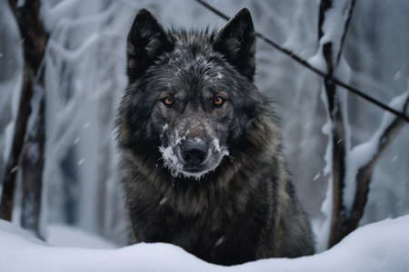 submissive posture of a wolf against a snowy backdrop, created with generative aiの素材
