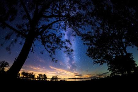 milky way as seen from the ground on solstice night, created with generative aiの素材