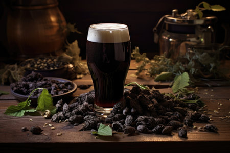 a pint of dark beer on a wooden table with scattered hops around, created with generative aiの素材