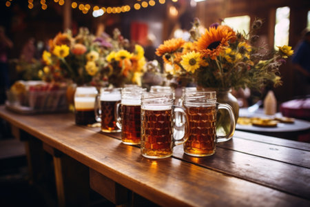 full beer mugs on rustic festival tables, created with generative aiの素材