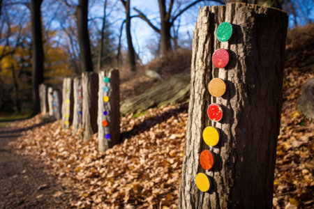 outdoor image of color-coded tree markers for a treasure trail, created with generative aiの素材