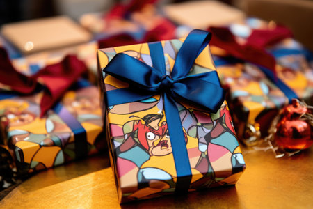 close-up shot of festive novelty gift tags on presents, created with generative aiの素材