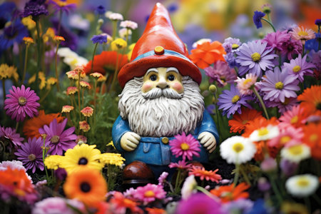 close-up of a garden gnome amidst colorful flowers, created with generative aiの素材