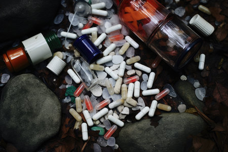 medicine bottles crushed under a foot, created with generative aiの素材