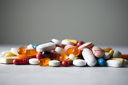 pile of different non-prescription pills on a plain backdrop, created with generative aiの素材