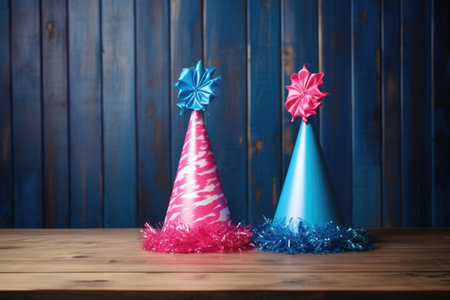 two party hats, one pink and one blue, on a wooden table, created with generative aiの素材