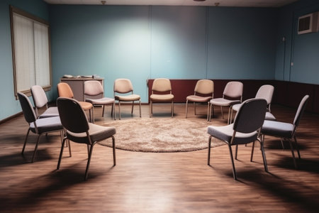 cozy circle of empty chairs in a meeting room, created with generative aiの素材