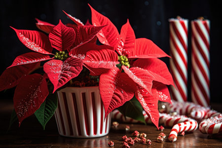 red poinsettia plant with candy cane decorations, created with generative aiの素材