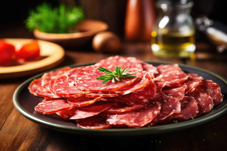 carefully portioned salami slices on a plate, created with generative aiの素材