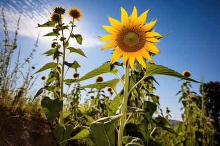 sunflower growing tall against wild shrubs, created with generative aiの素材