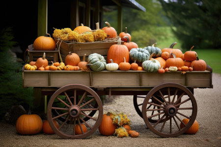collection of freshly harvested pumpkins on a wagon, created with generative aiの素材