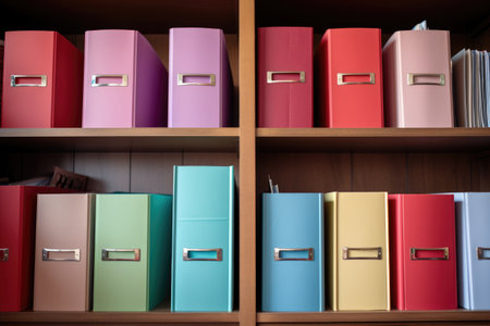 colorful file folders set on an office shelf, created with generative aiの素材