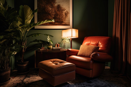 a half-lit room with a comfortable lounge chair, created with generative aiの素材