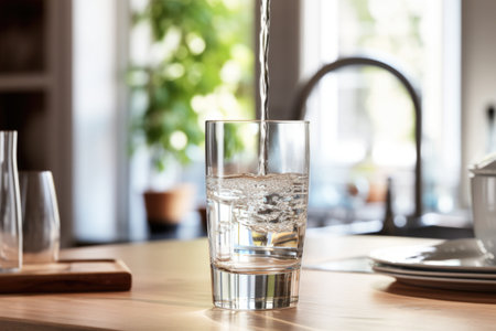 fresh tap water pouring into glass, created with generative aiの素材