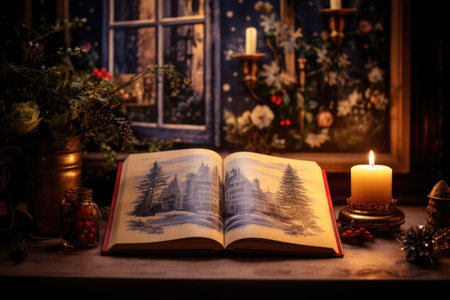 christmas storybook opened next to a lit candle, created with generative aiの素材