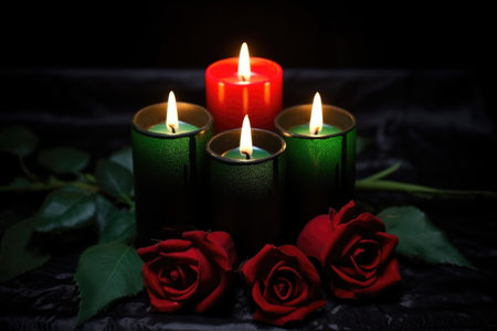 kinara illuminated in the dark with its red, green, and black candles, created with generative aiの素材