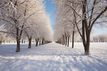 snowfall on a row of trees, wide-angle view, created with generative aiの素材