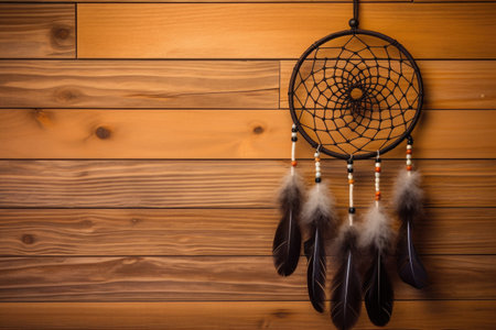 plain dreamcatcher hanging against a wooden wall, created with generative aiの素材