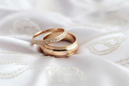 a pair of wedding rings on a soft white pillow, created with generative aiの素材