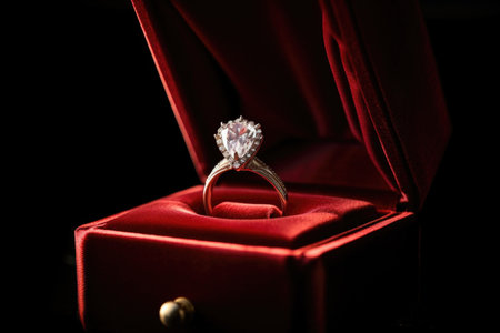 a diamond ring in an open velvet box, created with generative aiの素材