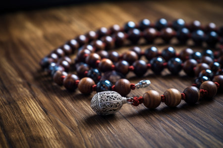 close-up of prayer beads on a wooden surface, created with generative aiの素材