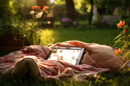 tablet lying on a blanket in a lush backyard, created with generative aiの素材